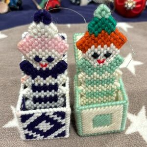 Vintage Plastic Needlepointe Jack N The Box Homemade Christmas Ornaments Set